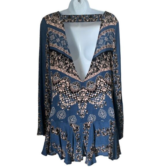 Free People Changing Times Loose Boho Tunic Open Back  Blue Spring Top Blouse S - Picture 3 of 9